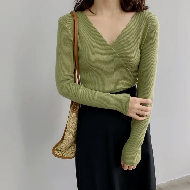 2019 осенний приталенный вязаный свитер с v-образным вырезом офисный женский