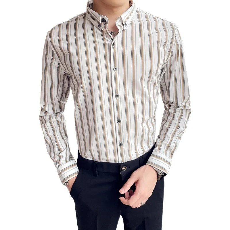 

Black/White High Quality Gentlemen Office Striped Shirts for Men Clothes 2021 Simple Slim Fit Long Sleeve Blouses Dress 4XL-M