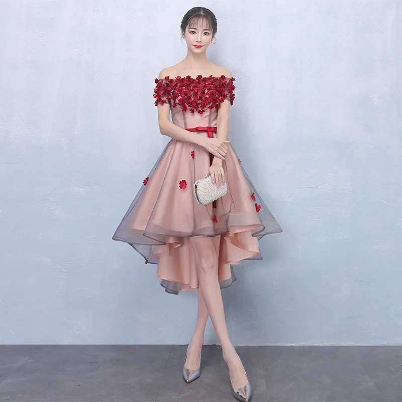 

Red Women Slash Neck Long Party Dress Fashion Wedding Banquet Bride Chinese style Elegant Prom Short Mesh Gown Vestido XS-XXL