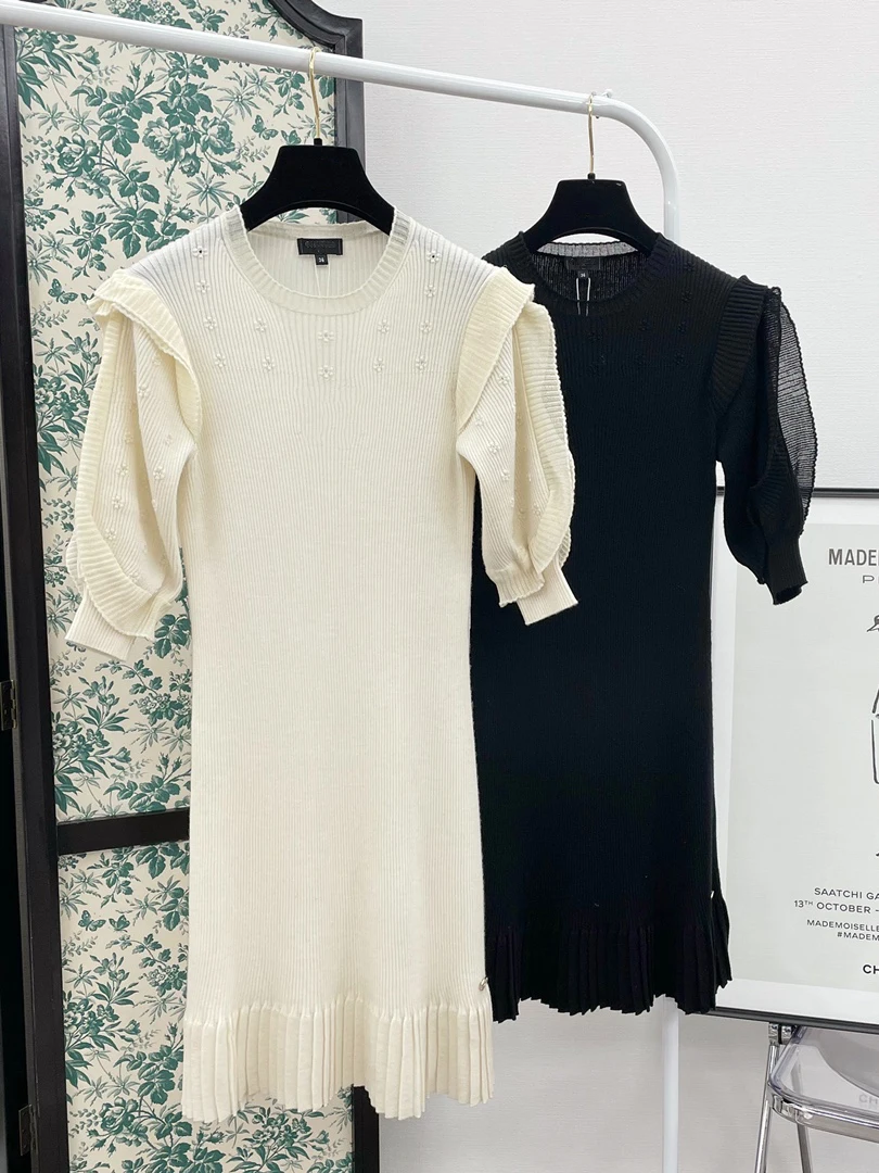 

Flounced Edge Lace Princess Sleeves Trumpet Slim Dress Vintage CHA Classic NEL Knitted Short Sleeve Mini Straight High Quality