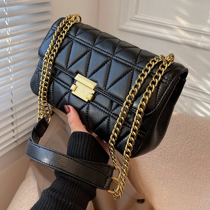 

Vintage Chain Designer PU Leather Padded Flap Crossbody Shoulder Bags for Women 2022 Winter Women's Trendy Handbags Branded