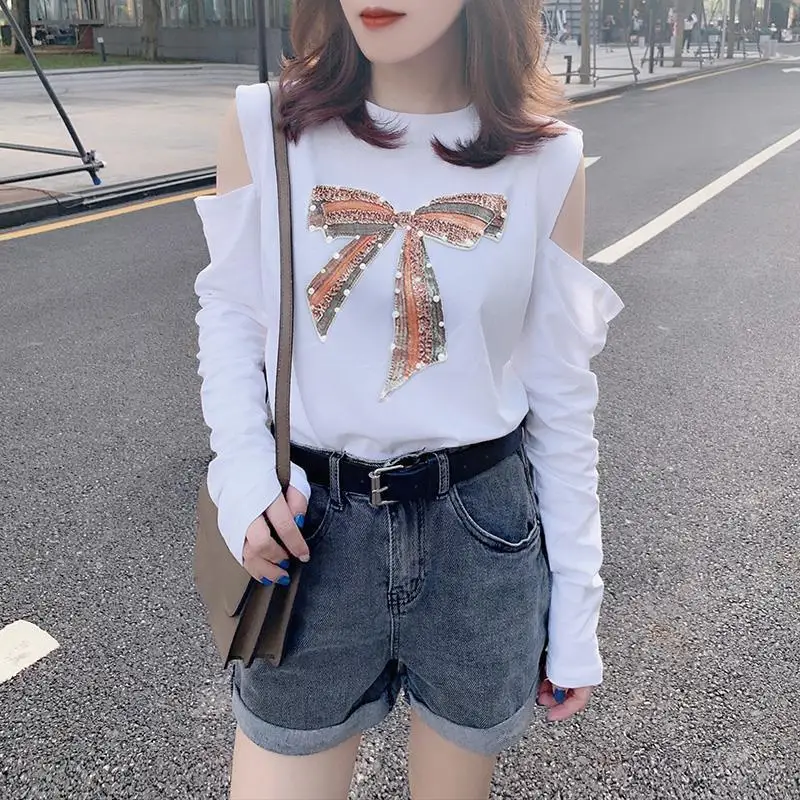 

Новая женская футболка из чистого хлопка без бретелек с длинным рукавом женский Универсальный Свободный пуловер с принтом дизайнерская ру...