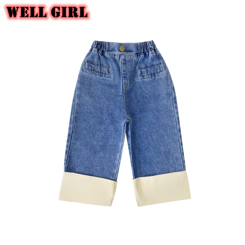

Korean baby girls jeans pants high waist patchwork denim trousers straight pants capris toddler kids clothes bottoms 2 to 10 yrs