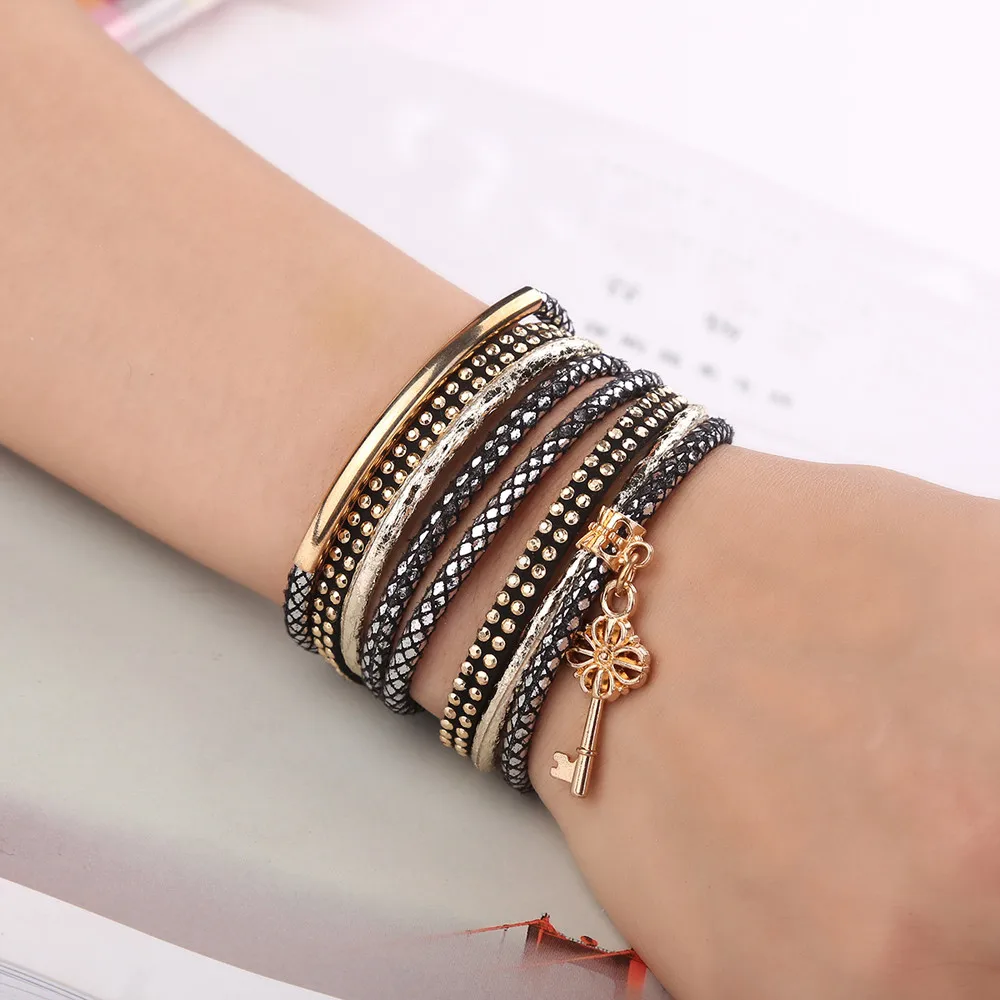 2019 Модные женские Многослойные ручной работы кожаный браслет на запястье pulseira