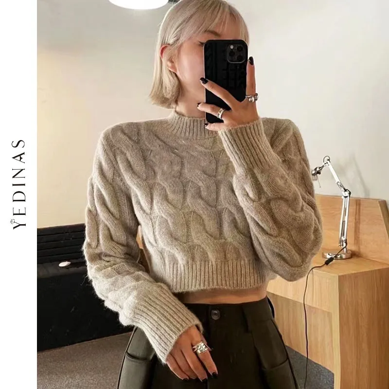 

Женский трикотажный свитер Yedinas, укороченный пуловер с длинным рукавом, модный свитер в Корейском стиле, Осень-зима 2021