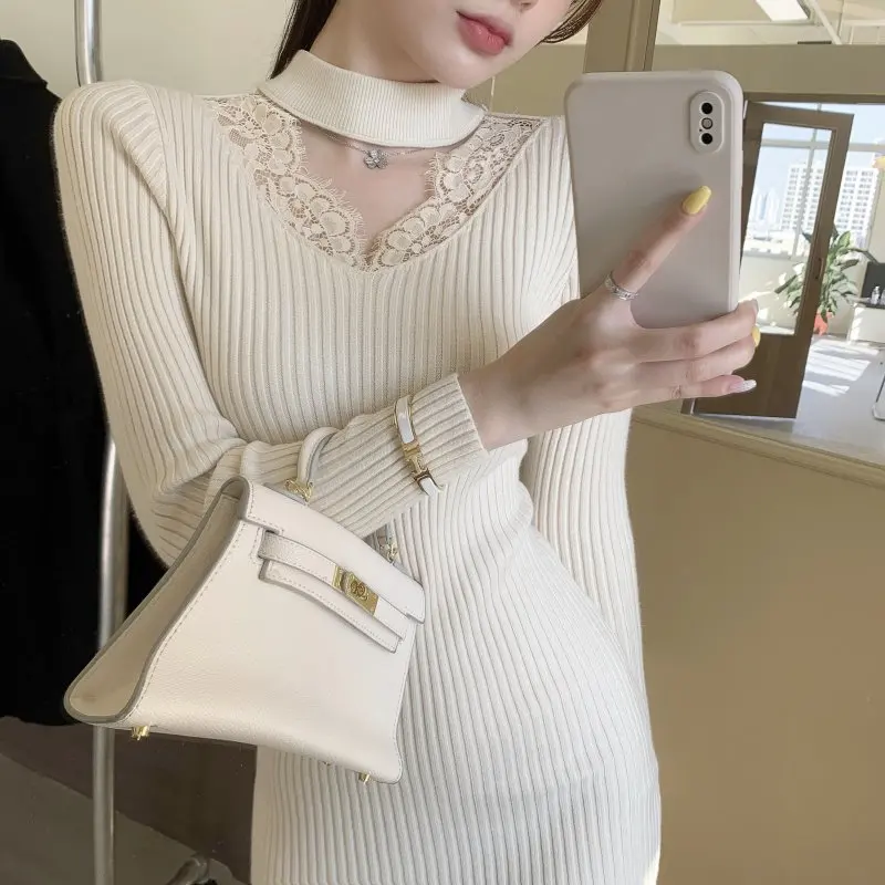 

New 2020 Autumn Winter Sweater Dress Women Rib Knit Long Sleeve Mini Sheath Dresses Lace Patchwork Beige Black Vestidos Mujer