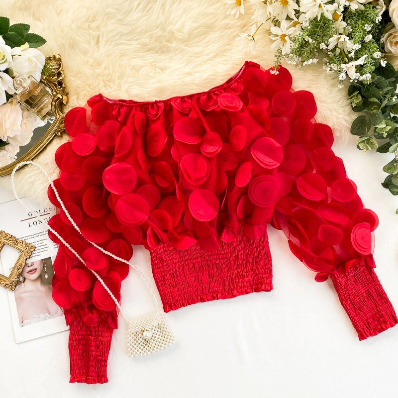 Женская кружевная блузка составного кроя с пышными рукавами шифоновый джемпер