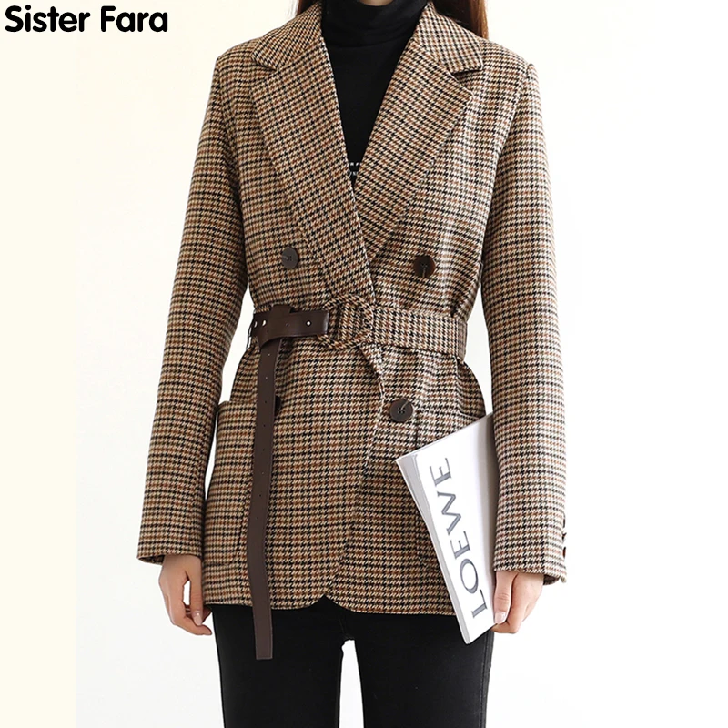 

Sister Fara New Spring 2021 Houndstooth Blazer Coat Women Sashes Double-breasted Plaid Jacket Coat Autumn Female Casual Blazers