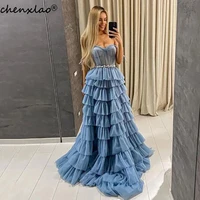 dusty blue sweetheart princess crystals evening prom dress aline tiered tulle long evening dress prom party dresses