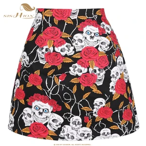 Женская короткая юбка SISHION, черная хлопковая мини-юбка с принтом в виде Розы и черепа, SS0008, для вечевечерние на Хэллоуин, в готическом стиле