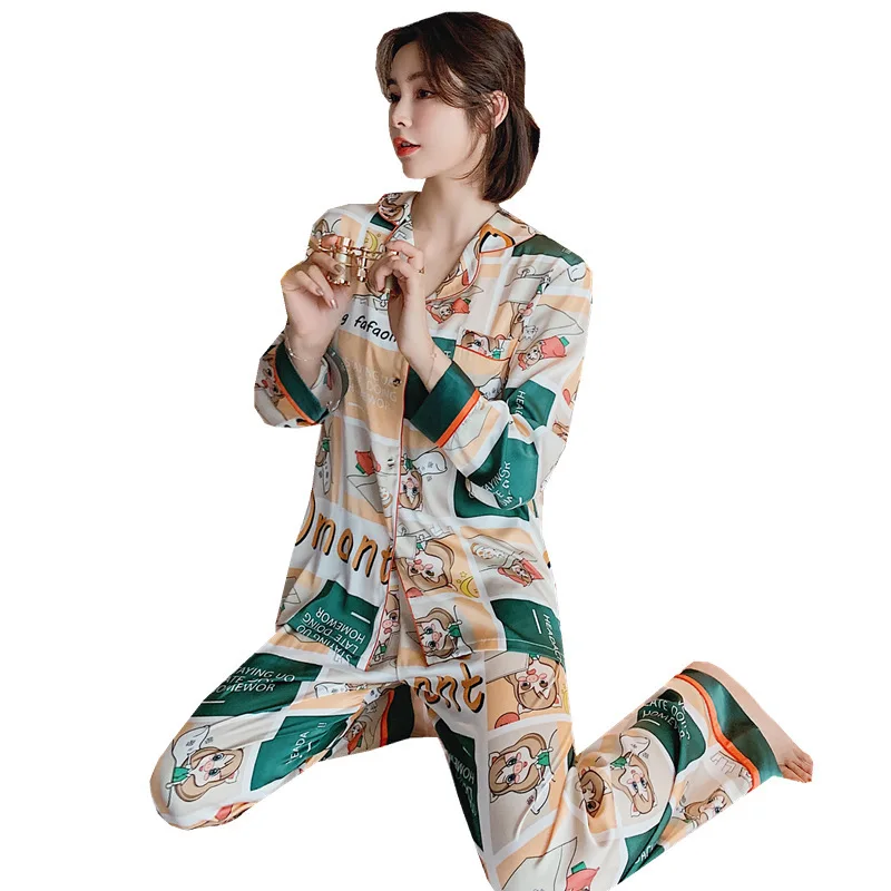 

Fashion cute sweet girl home clothes ice silk cool skin thin loose cardigan long sleeve pajamas women