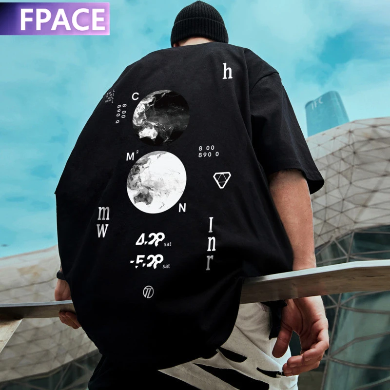 

FPACE Men's Crew Neck Summer New Graphic Print TShirt Fashion Quality Cotton Letter moon T-Shirt Plus Size Casual Tops