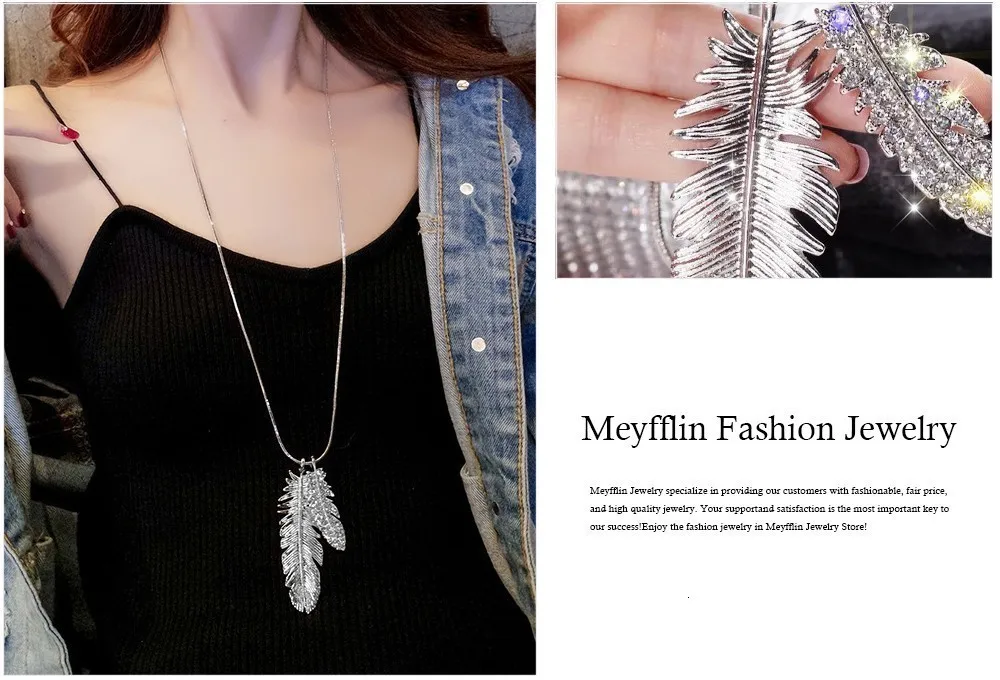 Meyfflin, винтажное длинное ожерелье для женщин, Кристальное перо, колье, ожерелье, модная Серебряная цепочка на свитер, ювелирное изделие, колье