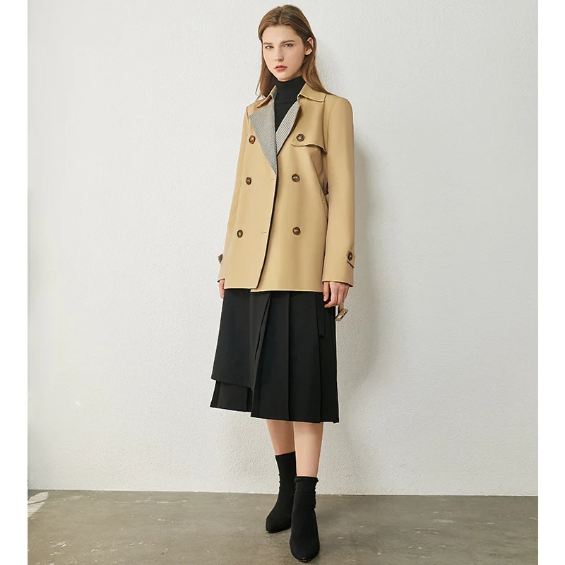 AMII Minimalism Autumn Winter Women's Windbreaker Fashion Plaid Spliced Lapel Belt Trench Coat Women 12030364 | Женская одежда