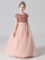 pink flower girl dresses for wedding shiny sequin a line floor length tulle long children formal evening gowns