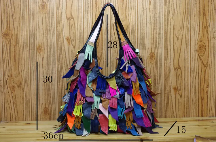 

new Caerlif cowhide Leather contrast women's shoulder bag with tassel leather colorful bag messenger bag