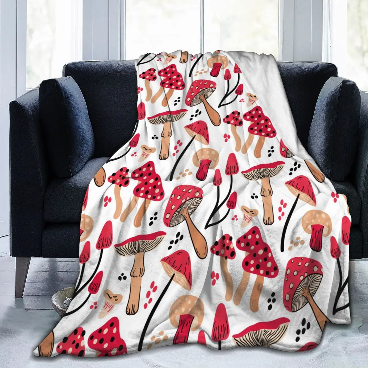 

Flannel Blanket Hand Drawn Mushroom Ultra-Soft Micro Fleece Blanket for Bathrobe Sofa Bed Travel Home Winter Spring Fall