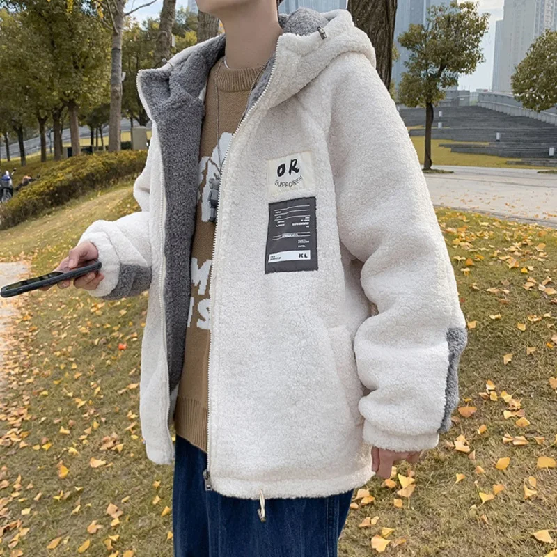 Men's fashion imitation lamb velvet jacket winter Korean trend plus velvet thick ins cotton clothing Harajuku men's clothing