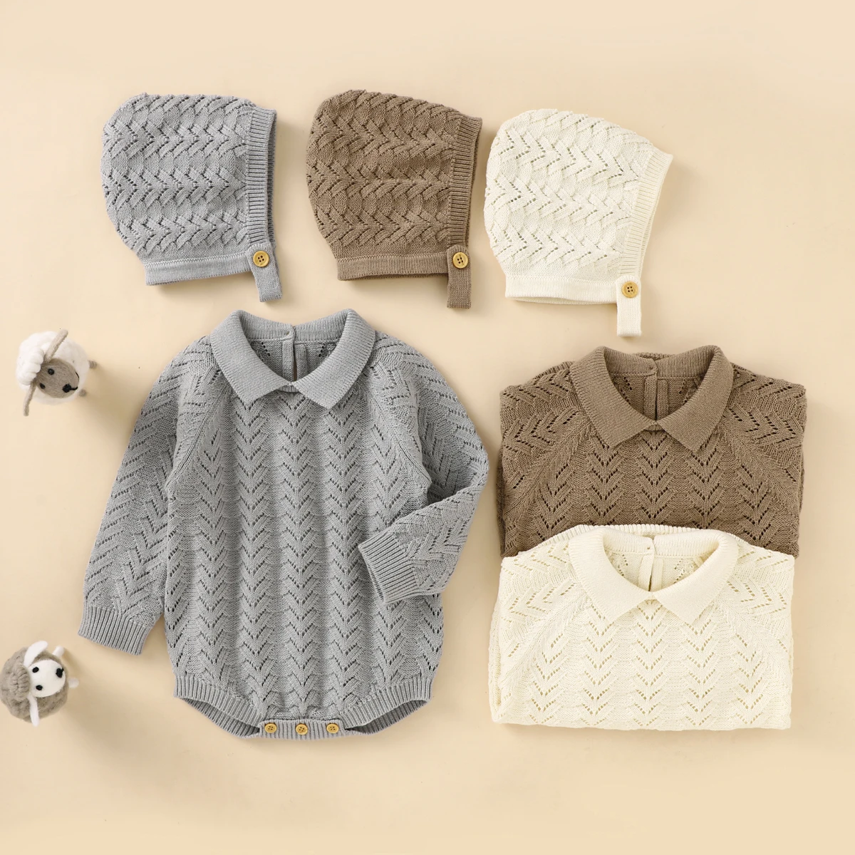 

2021 Newborn Baby Fall/Winter Lapel Hollow Knitted Sweater Romper Long Sleeve Jumpsuit + Cap Two-piece Set baby winter clothes