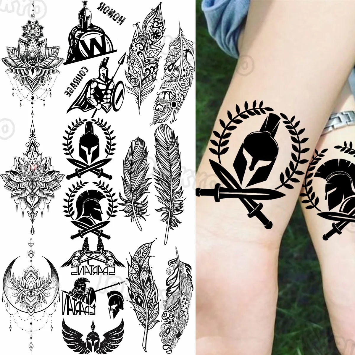 

Spartan Leaf Small Temporary Tattoos For Women Men Realistic Henna Feather Pendant Fake Jewelry Tattoo Sticker Arm Back Tatoos