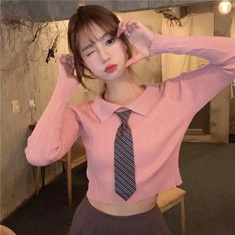 Camiseta de manga larga con cuello de polo retro para mujer, suéter de punto de seda de hielo, top de Camisa ajustada delgada exterior, estilo de Hong Kong, otoño 2021