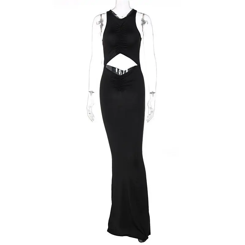 

Mandylandy Dress Summer Sexy High Waist Sleeveless O-Neck Hollow Out Dress Women's Casual Tie-Dye Printed Slim Dress