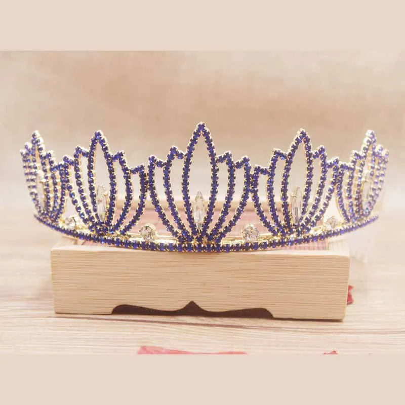 gold with blue Zerong Новейшие женские Стразы, Королевская корона невесты и диадемы, розовые, Синие стразы, Свадебная вечеринка, головной убор для волос, ювелирная тиара - Окраска металла: gold with blue