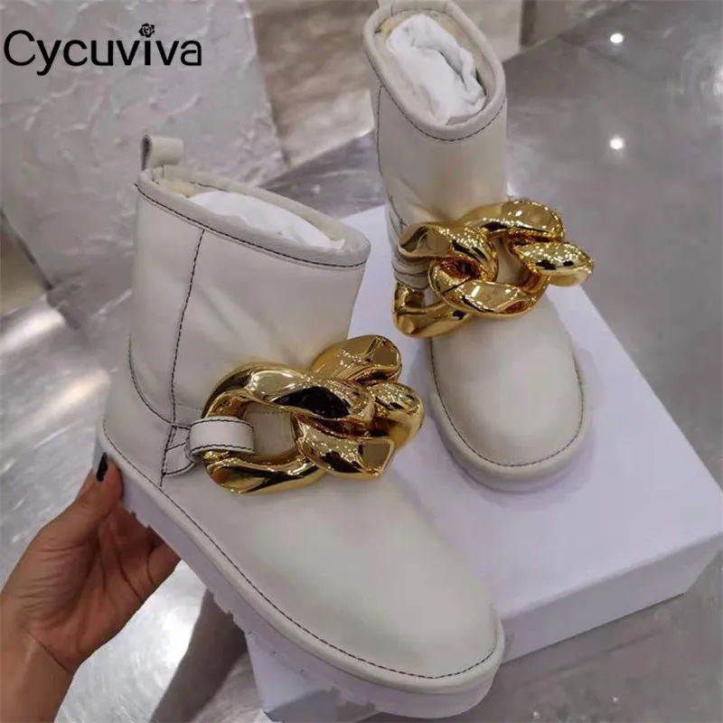 Новинка женские зимние сапоги из шерсти с золотой цепочкой теплая обувь на