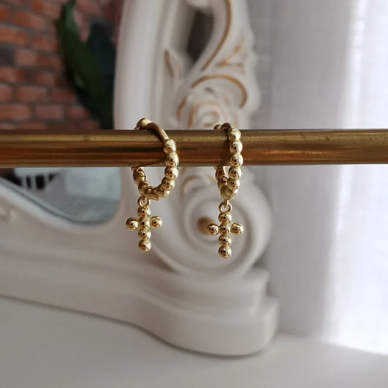

U-Magical French Round Bead Cross Hoop Earring for Women Gold Color Hollow Metallic Statement Earring Jewelry Accessories