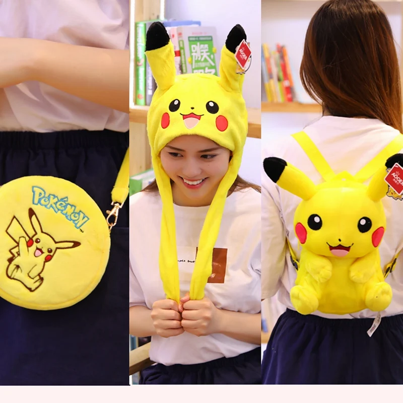 Pikachu очень мягкий детский рюкзак, Высококачественная Милая шапка, подвижные уши, мягкая кукла, сумка через плечо, Подарочный Кошелек для монет, игрушка для детей