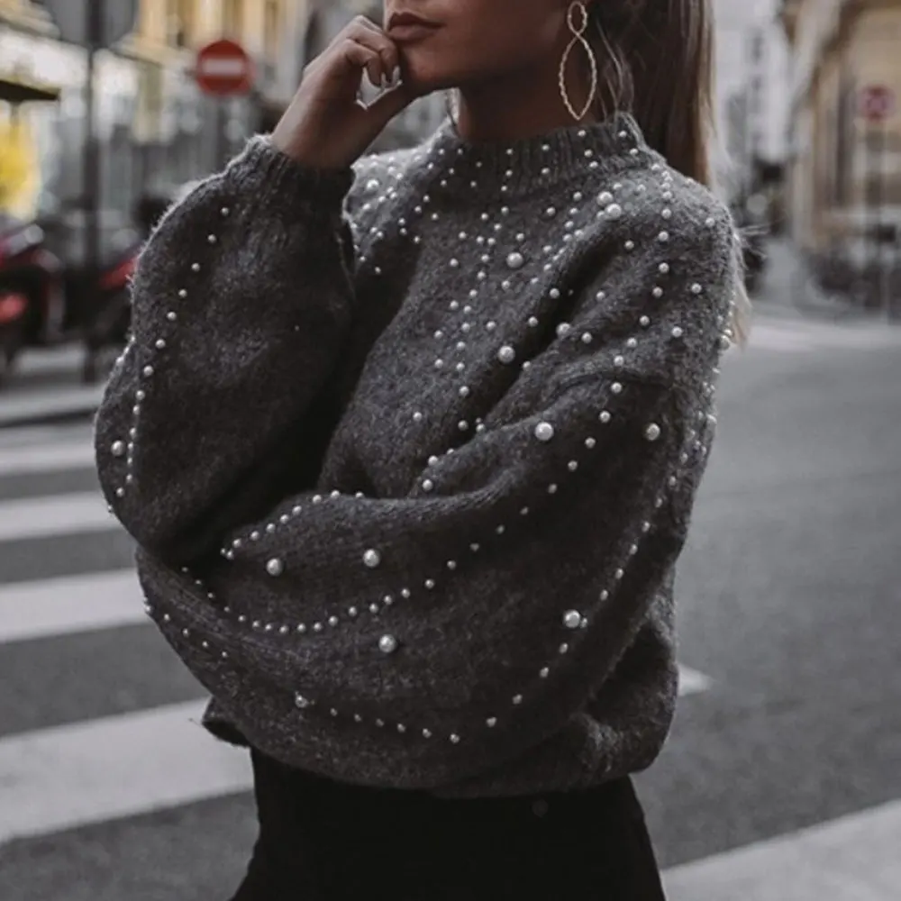 Women Fashion Lantern Sleeve Pearls Knit Winter Warm Sweaters Ladies Solid Color O-neck Loose Slim Fit Short Pullovers 2019 New | Женская