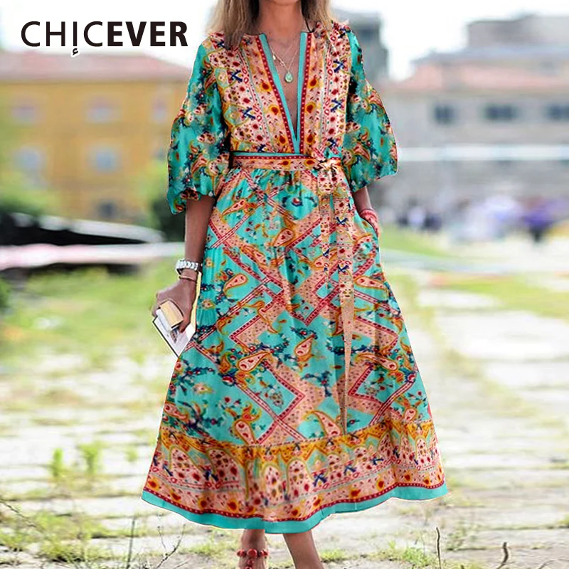 

CHICEVER пляжное платье для женщин с v-образным вырезом и коротким рукавом-фонариком, с принтом, с поясом, на шнуровке, платья средней длины, женс...