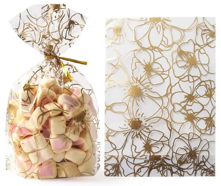 Gold Flower Leotriting 50 шт./упак. 23 стиля Плюм Пластиковые Подарочные Упаковочные пакеты на день рождения, свадьбу, вечеринку, пекарня креативное печенье конфеты сумки - Цвет: Gold Flower
