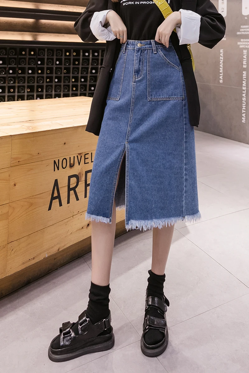 

Plus Size Below Knee Frayed Split Hem Denim Skirts for Women S M L XL 2XL 3XL 4XL 5XL