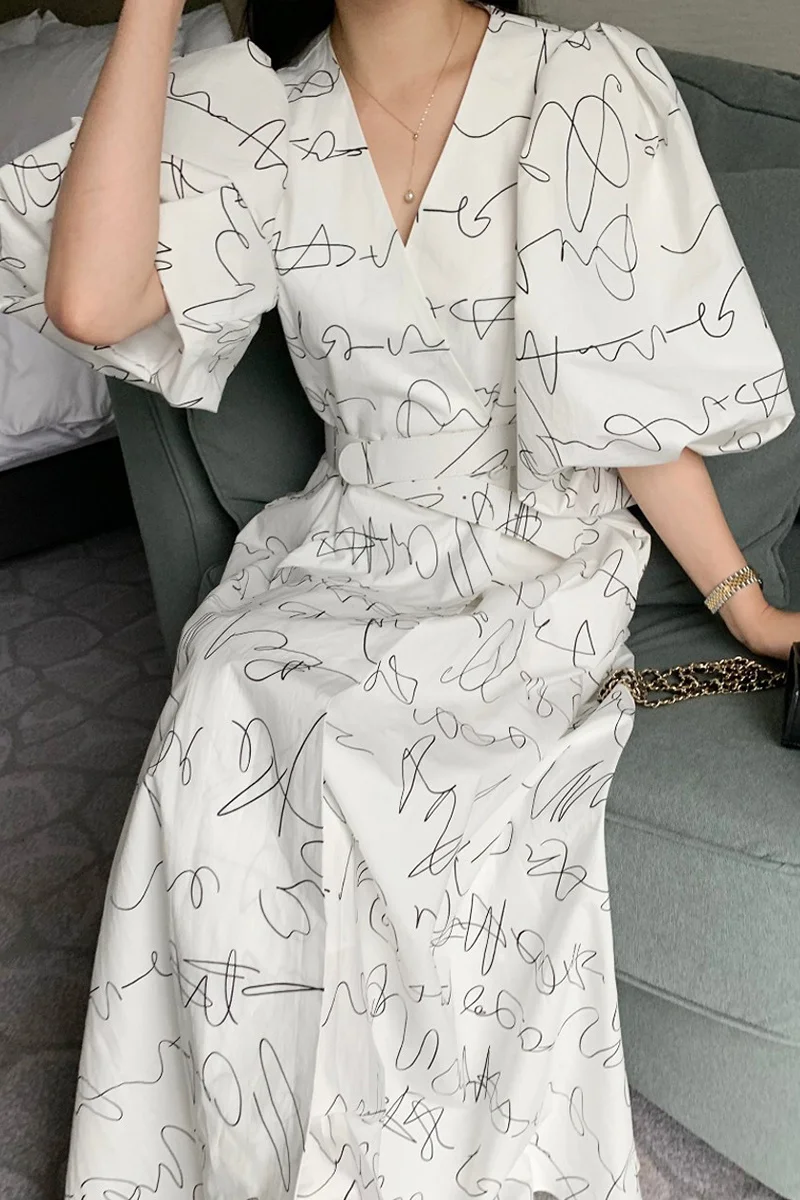 Платье фонарик с V образным вырезом средней длины|Женские платья| |