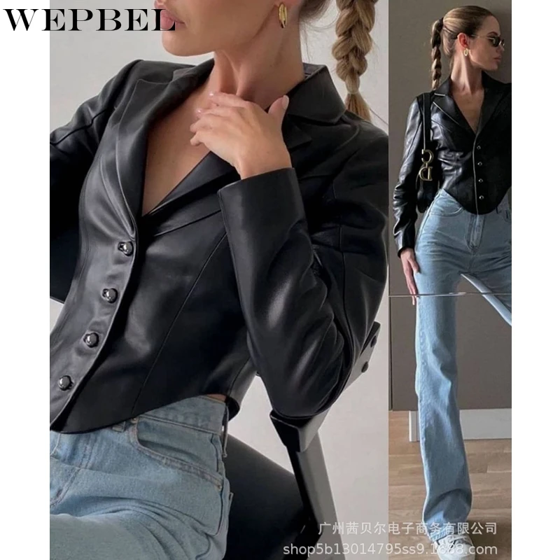 

WEPBEL Coat Women's Casual PU Slim Irregular Coat Autumn Long Sleeve Single-Breasted Solid Color Turn-down Collar Coat