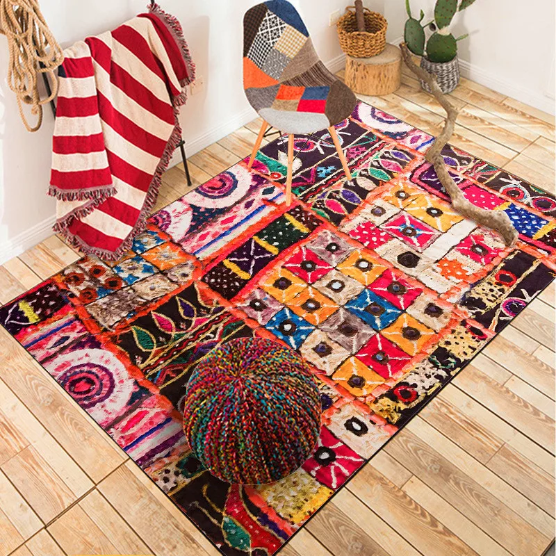 

Bohemian Rug Fashion Ethnic Red Box Stitching Carpet Bedroom Living Room Bed Blanket Mat Bathroom Kitchen Floor Mat