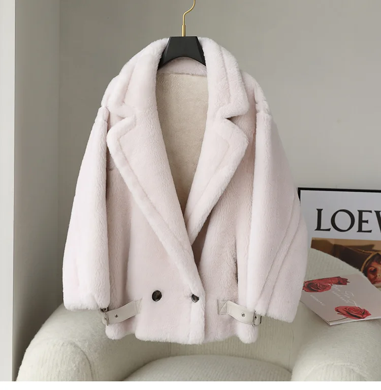 Luxury Streetwear Natural Real Sheepskin Fur Coat Women Warm Female Woolen Coat with Belt Thick Jackets Outerwear Pockets