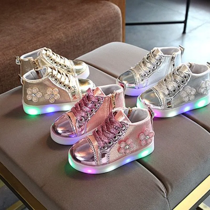 

Size21-30 Children LED Sneakers for Girls Princess Bowknots Kids Girls Lace Up Luminous Shoes Cute Baby Sport Light Casual Shoes