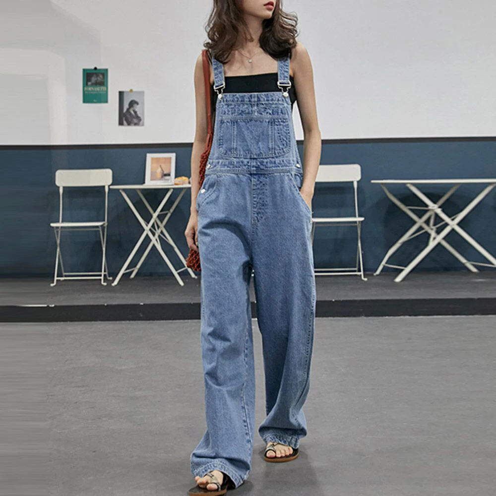 

Pocket Plain Casual Full Length Loose Women's Jumpsuit Wide Section Denim Overalls Hip Hop Streetwear Cute Slim Wide Leg Pants
