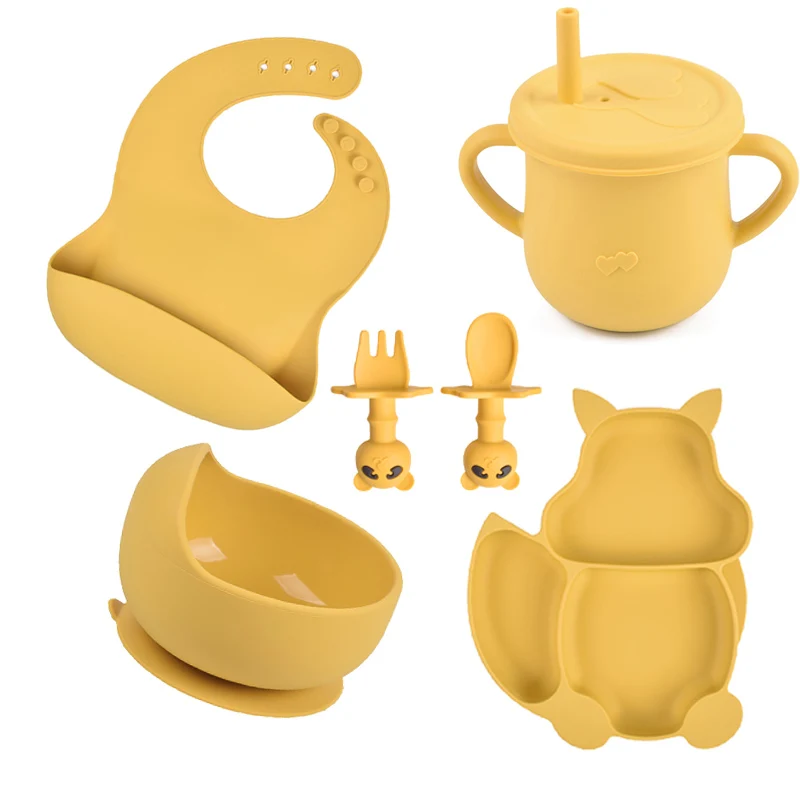 

6PCS/Set Baby Silicone Tableware Bowl Plate/Tray Bibs Spoon Fork Cup Sets Children Non-slip Feeding Dinnerware BPA Free Babis
