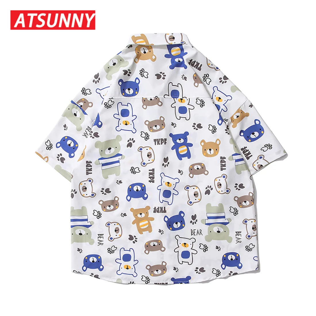 ATSUNNY Bear Print Short Sleeve Shirt HipHop Streetwear Casual Shirt Man Summer Fashion Hawaiian Shirts Tops