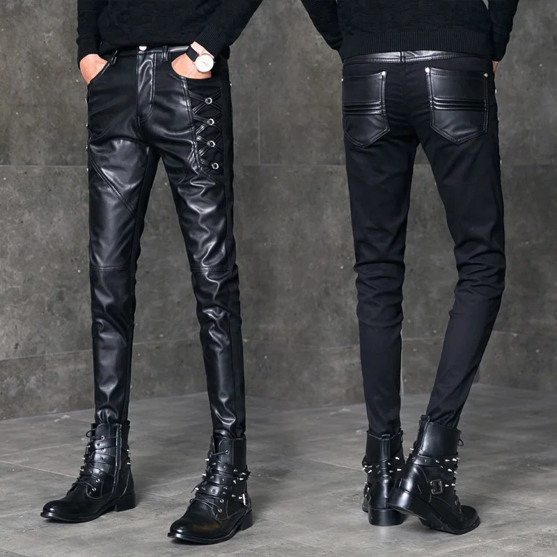 

2020 Men's Stitching Half Leather Pants Youth Slim-Fit Small Feet Long Pants Season Thick Type Fashion Stitching Casual Pants