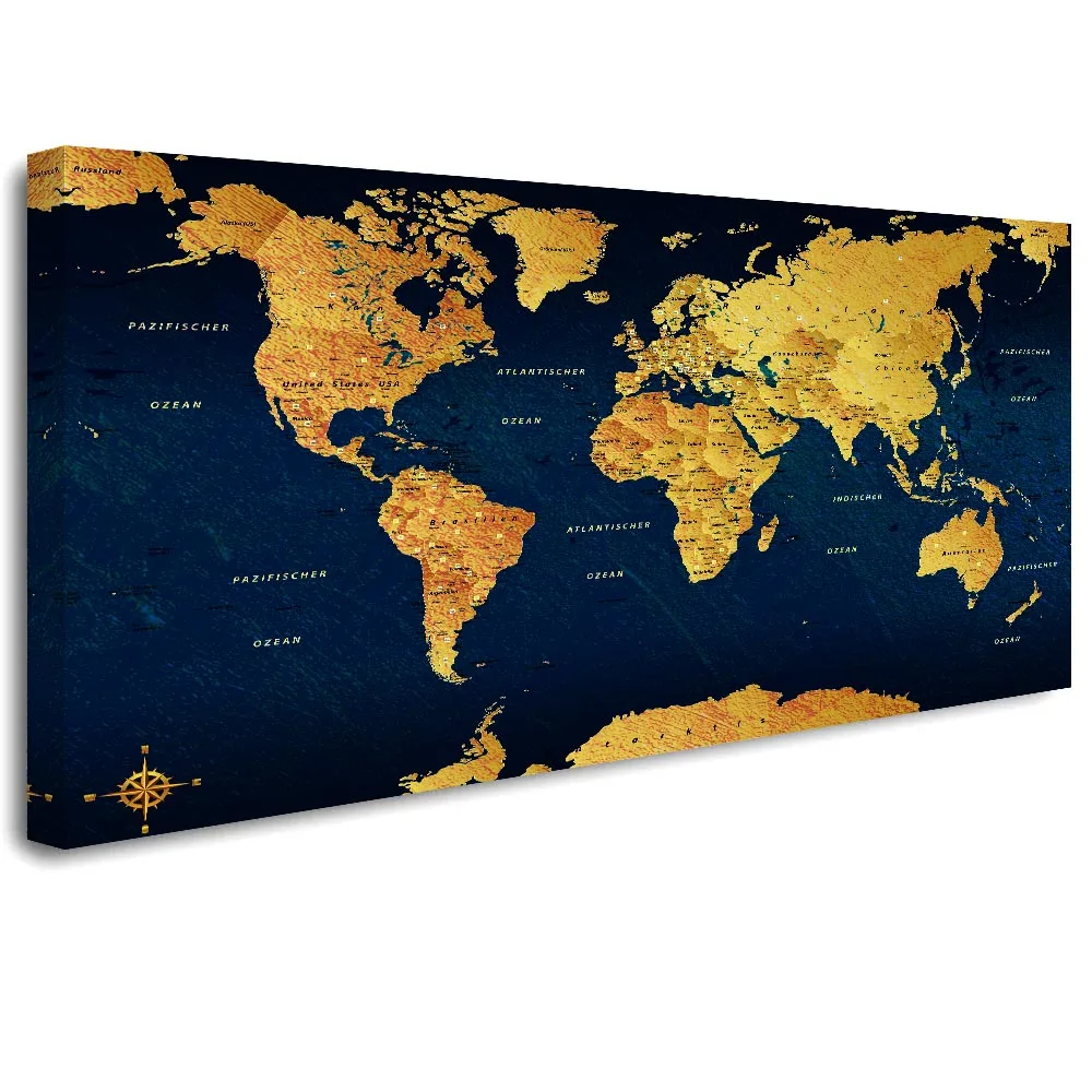 

Retro Style Blue Gold World Nautical Map HD Print On Canvas For Home Living Room Office Wall Art Decor Poster Large No Frame