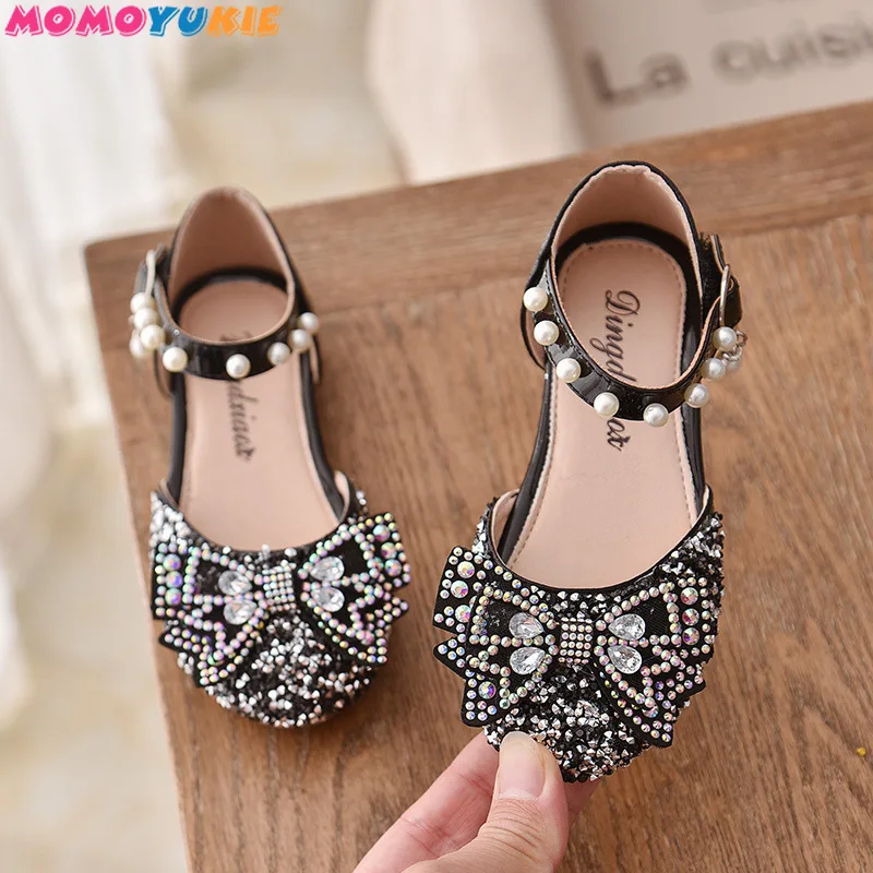 Zapatos con lazo de encaje de lentejuelas para ni&ntilde;as, zapatillas de baile de princesa con perlas bonitas, informales, para fiestas y bodas, 2021-3