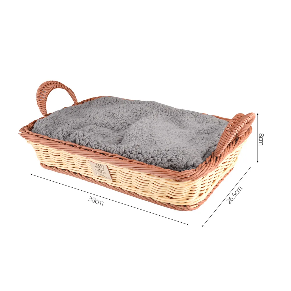 

New Summer Breathable Pet Cat Bed Basket Nest Rectangle PP Knitted Bed with Plush Blanket for Cats Dogs Pets 38 * 26.5 * 8cm