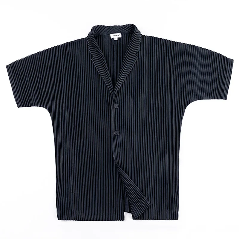 

IEFB Men's Pleated Short Sleeve Shirt 2021 Summer Notched Collar Navy Blue Loose Elastc Japanese Streetwear Fahison Tops 9Y7250