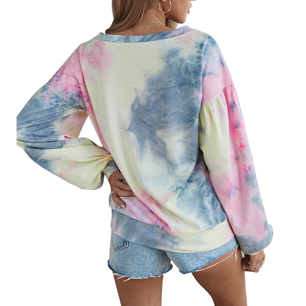 

Women Tee Shirts Round Collar Long Lantern Sleeve Loose Casual Tops Print Multicolor Ladies Clothing Shirts Tie Dye