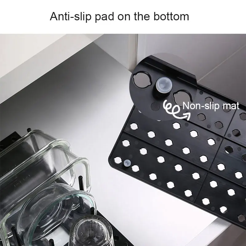 

Expandable Kitchen Drawer Organizer Peg Board with Bottom Anti Slip Pad and 12 pegs Telescopic Board INTE99