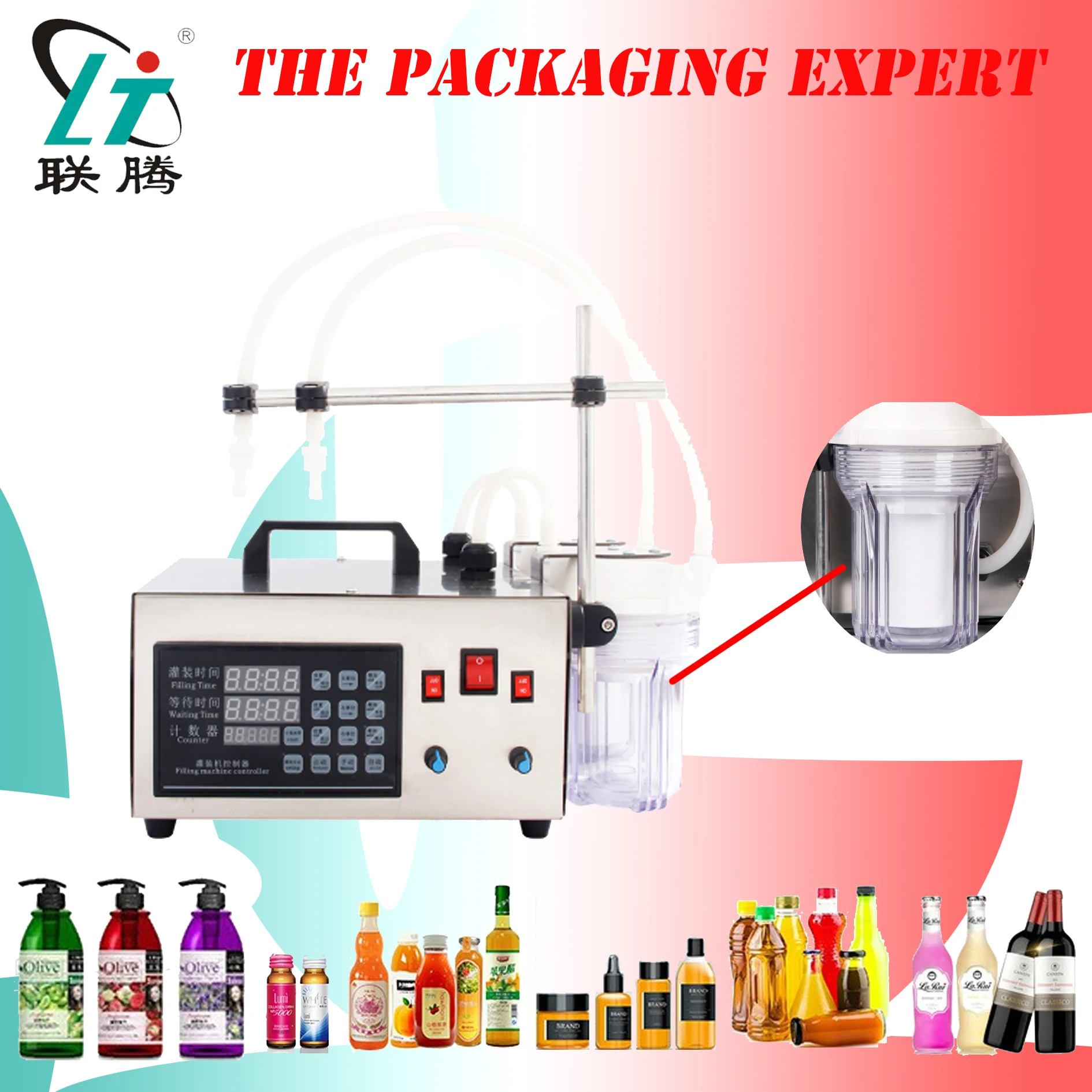 

Digital Control Liquid Filling Machine Double Heads 2 Nozzles With Filter Food Safe Health Filler 4 Drinks Juice Liquor Chemical